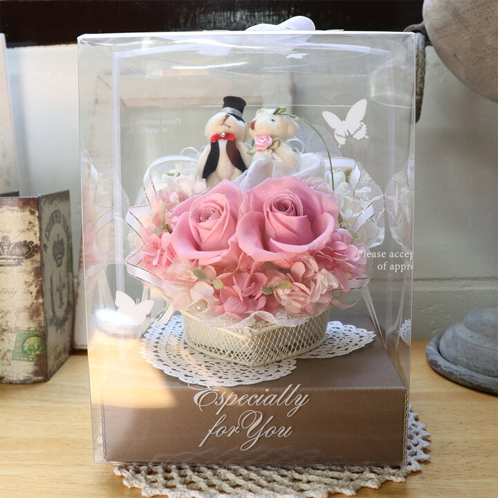 楽天市場 結婚式 電報 結婚祝い 花 入籍祝い プリザーブドフラワー ぬいぐるみ くま おしゃれ テディベア ウエディングベア 花 祝電 ブリザーブドフラワー 送料無料 即日発送 ブルーローズ ハートのキャンディローズ 花ギフト サンクスブーケ