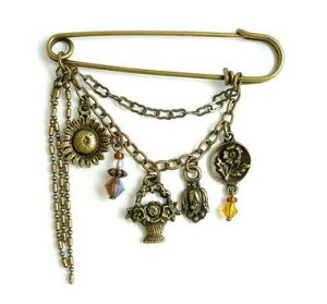 メール便OK!★フラワー・バラ・ひまわり★アンティーク仕上げ安全ピン型ブローチ♪パリの蚤の市で見つかるかも!?スカーフ スカート留め・帽子や布バッグに!