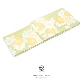 【20%OFF☆全品クーポン1000円OFF 6/4~11】浴衣 レディース bonheur saisons ボヌールセゾン 黄緑色 イエローグリーン 椿 つばき 花柄 ラメ 綿麻 手捺染 手縫い 夏祭り 花火大会 女性用 仕立て上がり 【フリーサイズ】【あす楽対応】【送料無料】