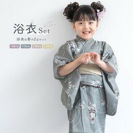 【先着200名限定★クーポンで15%OFF！4/14~30】浴衣 子供 女の子 セット 2点セット キッズ 女児 グレー系 灰色 薔薇 バラ 花柄 亜麻色 綿 夏 100cm 110cm 120cm 130cm 送料無料 あす楽対応商品