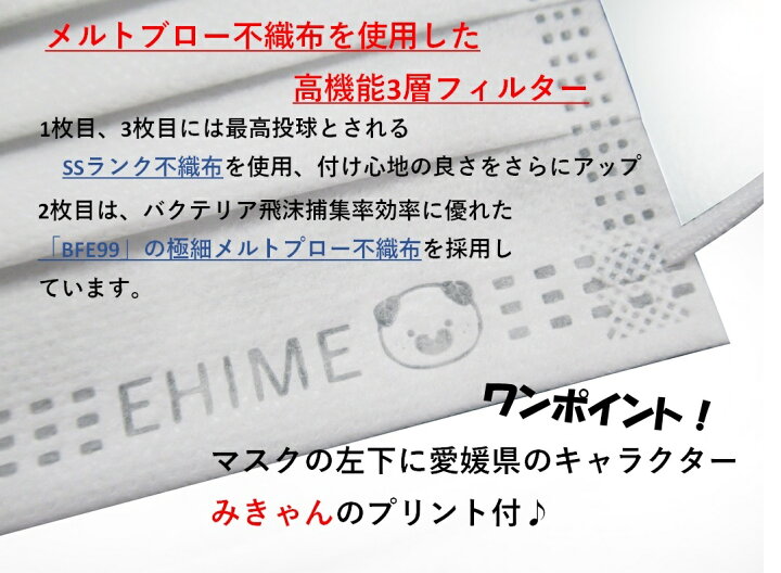 楽天市場 みきゃん 不織布マスク ワンポイント ロゴ 可愛い キャラクター 日本製 送料無料 3層フィルター30枚 高機能 不織布 花粉 99 カット 呼吸しやすい 耳が痛くならない 国産マスク 使い捨てマスク 日本製マスク 日本産 快適フィット みきゃんロゴ 10枚入 3袋