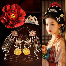 髪飾り レディース 唐風 牡丹 花 簪 流蘇 歩揺 古風 挿し櫛 宮廷 ヘアアクセサリー 手作り メタル 花モチーフ タッセル 赤 冬