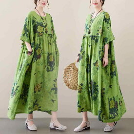 ワンピース レディース 夏 レトロ ヴィンテージ エスニック 民族風 ボタニカル柄 花柄 ラウンドネック 丸首 半袖 五分袖 プルオーバー Aライン フレアシルエット ロング丈 綿 コットン ポケット付き グリーン 普段使い 旅行 リゾート