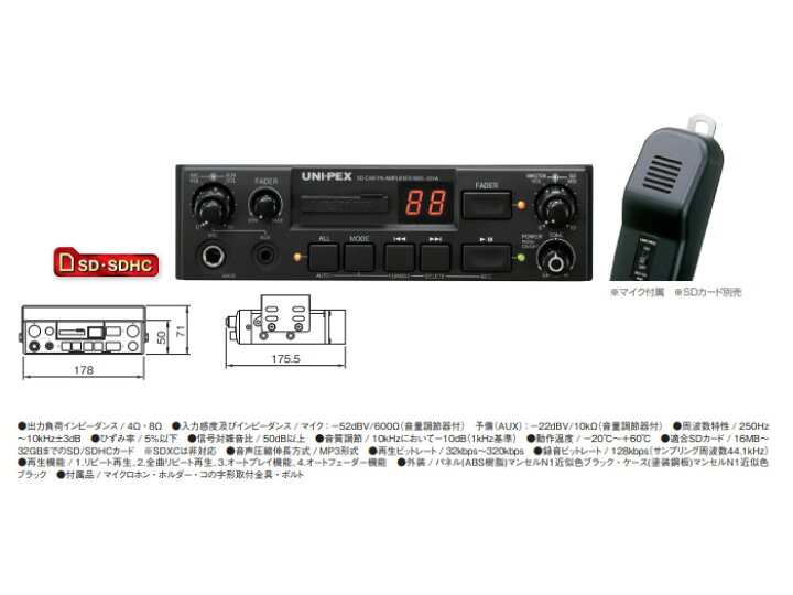 楽天市場】車載マイクセット【SDカードの再生・録音可能】スピーカー2 