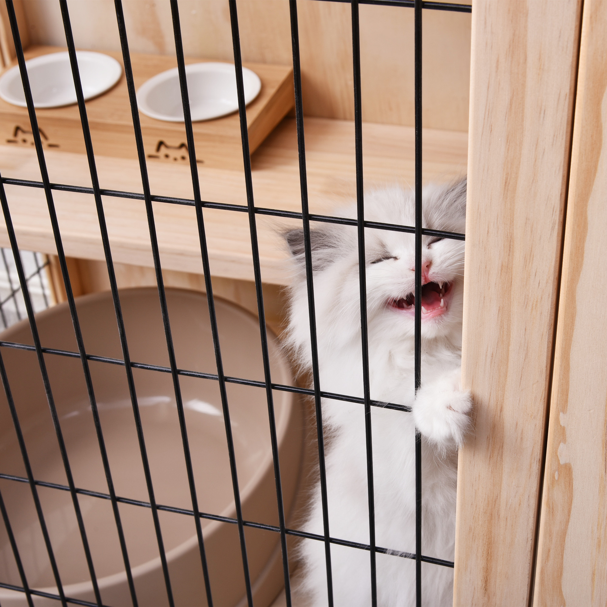 【良好品】 猫 ネコハウス 広々大型キャットハウス 3段木製フレーム キャットケージ ケージ 猫用品