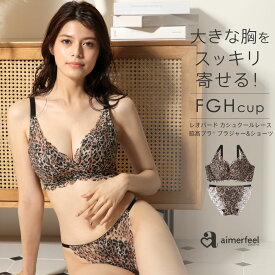 ブラジャー 大きいサイズ レオパード カシュクールレース脇高ブラ(R) ブラジャー&ショーツ(FGHカップ)(大きい 下着 レディース ブラジャーセット ブラショーツ 脇高 脇肉 セクシー ブラセット かわいい パンティー 盛りブラ 上下セット 育乳ブラ 脇高ブラ ランジェリー)