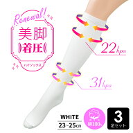 【3足セット】着圧ソックス 白 綿 やや強め 高品質 着圧ハイソックス 無地 学生 制服 スクール ナース 看…