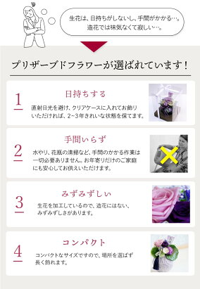 プリザーブドフラワーは、日持ちします。水遣りや花瓶の清掃など手間のかかる作業は一切必要ありません。
