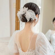 即納 ウェディング小物 ウェディングヘッドドレス ウエディングヘアアクセサリー リボン ビーズ ヘッドコ…