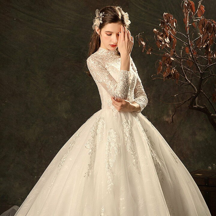楽天市場】ウェディングドレス 白 オフホワイト 袖あり レース 結婚式 