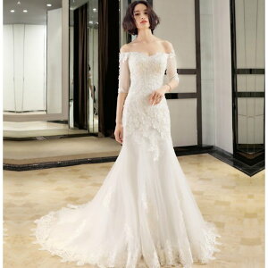 ウエディングドレス 上品 袖あり 花嫁 結婚式 白 オフホワイト マーメイドドレス マーメイドラインドレス シンプル レース 衣装 二次会ドレス ロングドレス パーティードレス 披露宴 大きい