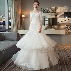 ウエディングドレス 上品 袖あり 花嫁 結婚式 白 オフホワイト マーメイドドレス マーメイドラインドレス 二次会ドレス ロングドレス パーティードレス シンプル レース 衣装 披露宴 大きい