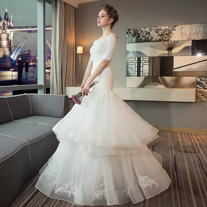 楽天市場】ウエディングドレス 上品 袖あり 花嫁 結婚式 白 オフ 