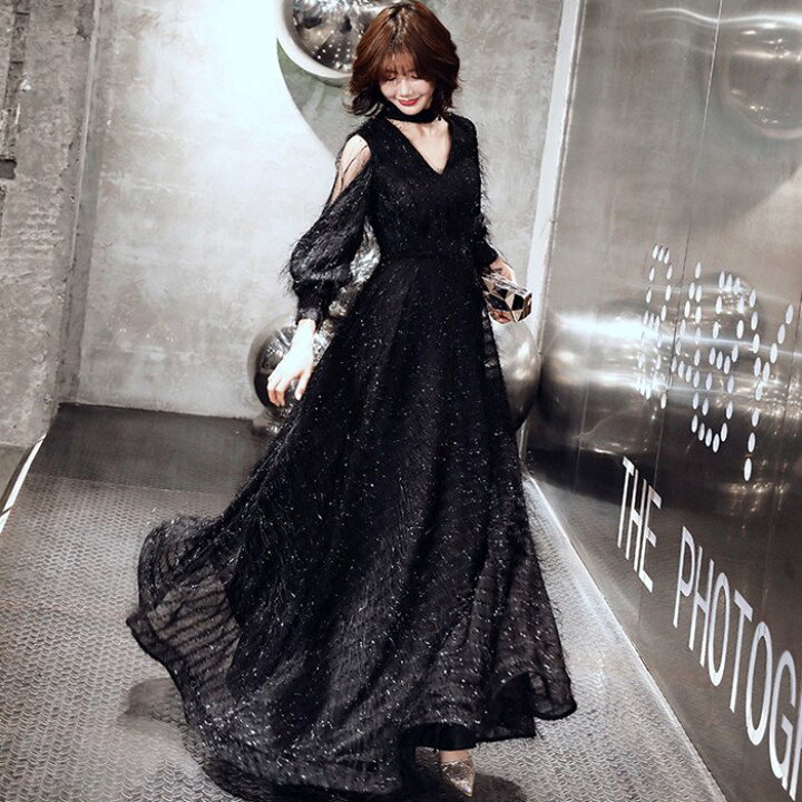 黒のビーズ刺繍ロングドレス 演奏会 カラードレス ブラックドレス 