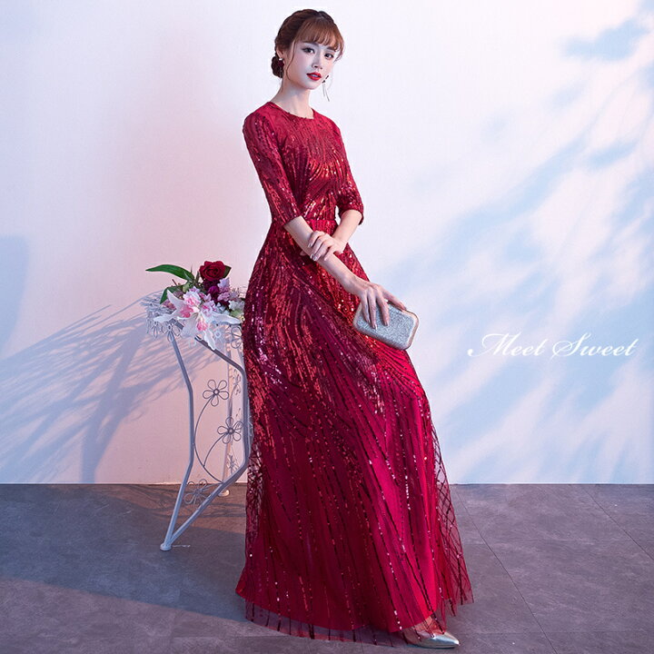 楽天市場】カラードレス ワインレッド ゴールド ロングドレス 演奏会 