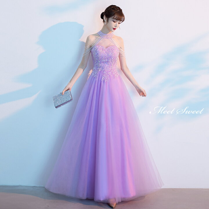 楽天市場】カラードレス パープル ホルターネック ビーズ 紫 ロング  
