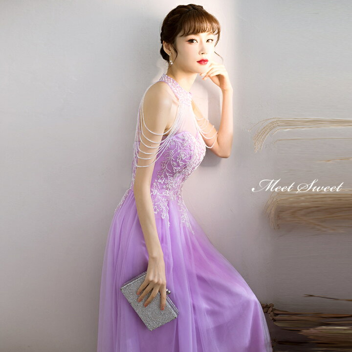 楽天市場】カラードレス パープル ホルターネック ビーズ 紫 ロング  