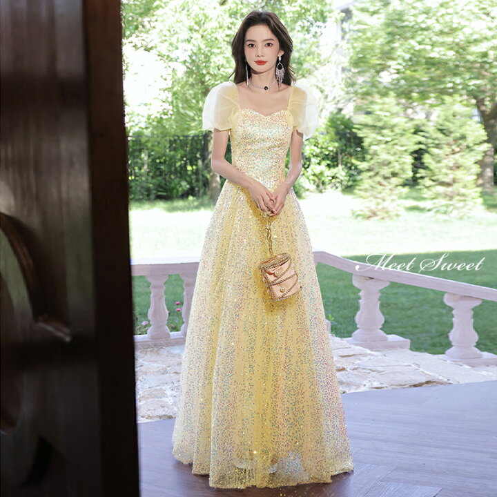 楽天市場】カラードレス ロングドレス イエロー 半袖 スパンコール  