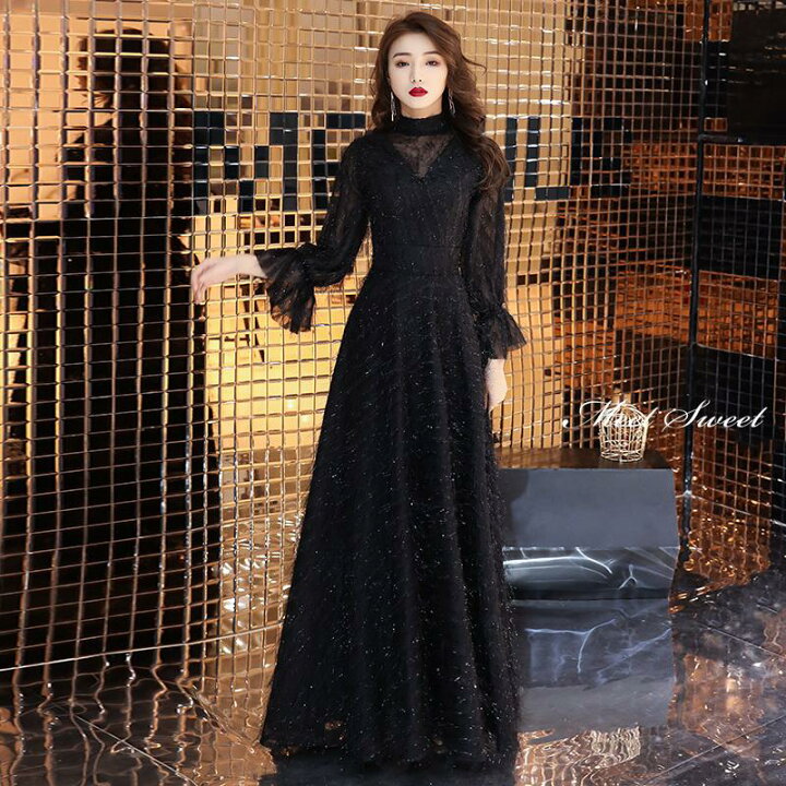 楽天市場】カラードレス ロングドレス ブラック 黒 長袖 ハイネック  