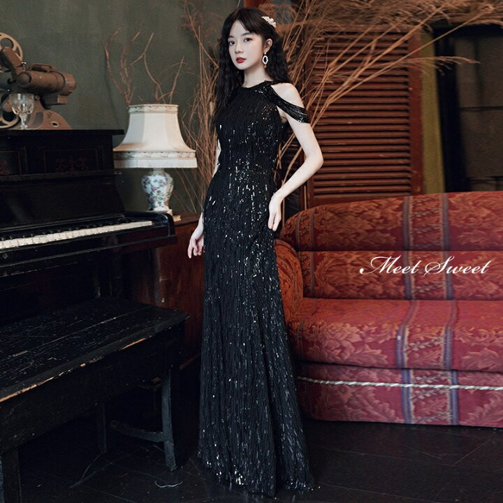 楽天市場】カラードレス ロングドレス ブラック スパンコール  