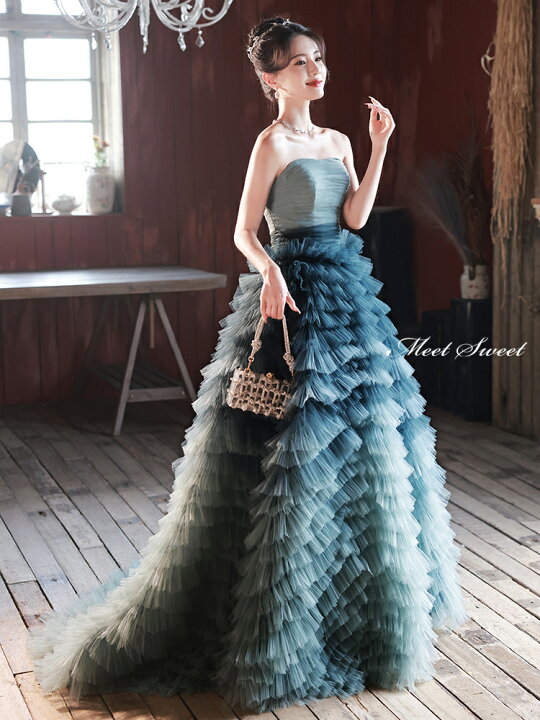 楽天市場】カラードレス ロングドレス ブルー 水色 フリル ビスチェ  