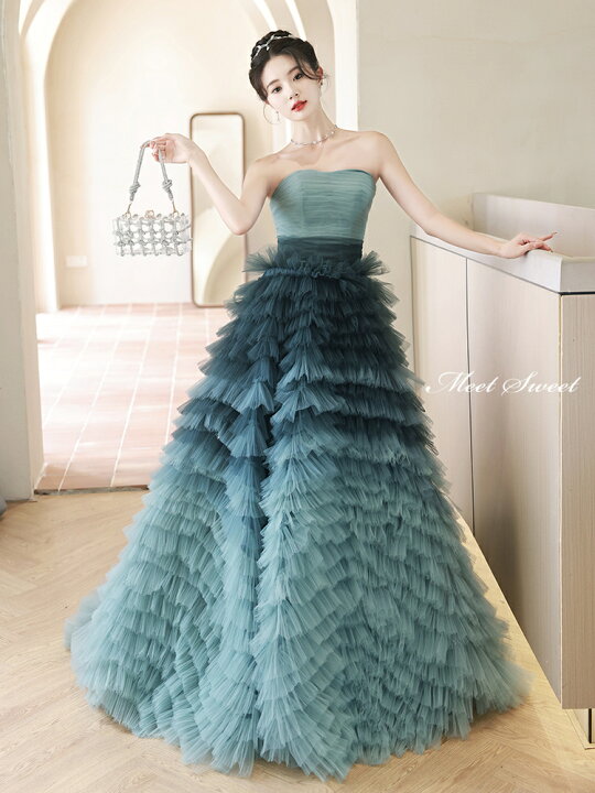 楽天市場】カラードレス ロングドレス ブルー 水色 フリル ビスチェ  