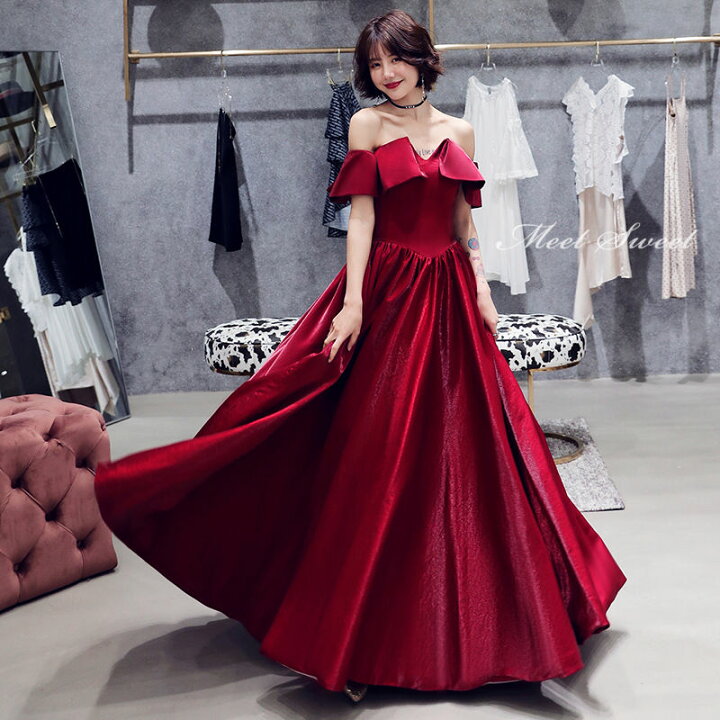 イブニングドレス ワイン赤 ロングドレス パフスリーブ ドット ワインレッド