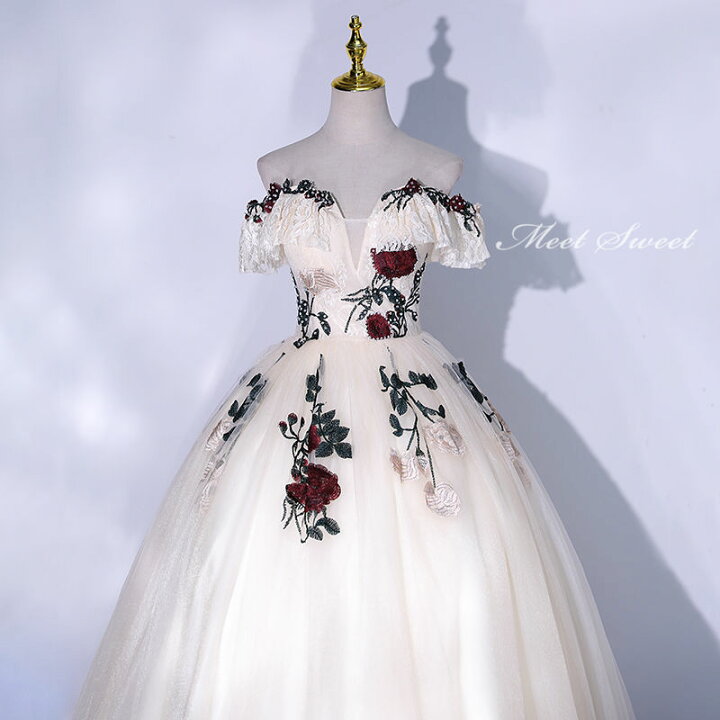 値下げ【美品✨】ベージュ×花柄 カラードレス プリンセス パーティ【5 