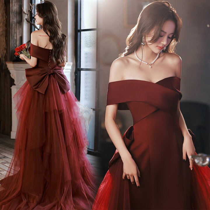 楽天市場】ウエディングドレス カラードレス ロングドレス 赤 ボルドー  