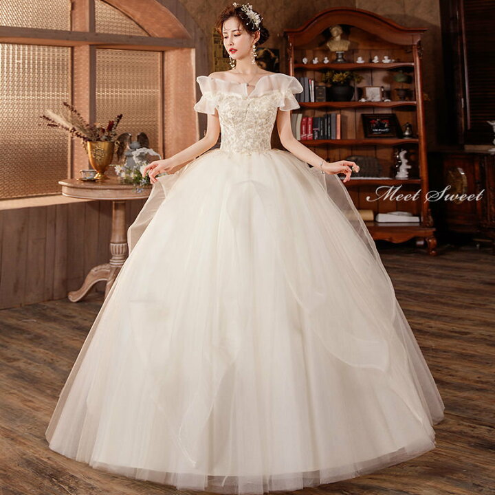 楽天市場】ウェディングドレス ロング丈 ロングドレス オフショルダー  