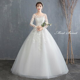 ウェディングドレス 二次会ドレス 結婚式 披露宴 ブライダルドレス ロング丈 ロングドレス 長袖 ロングスリーブ レース 花嫁ドレス ウエディングドレス プリンセスラインドレス オフホワイト 編み上げ エレガント 前撮り 海外挙式 セミオーダー ボリューム クラシカル