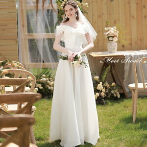 ウェディングドレス 二次会ドレス 結婚式 披露宴 ブライダルドレス オフショルダー オーガンジー 新婦 ロングドレス 花嫁 ウエディングドレス オフホワイト 編み上げ リゾート 前撮り エレ