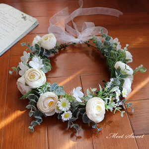 ウェディング 花冠 4色 カモミール バラ 花冠 ヘッドドレス 花かんむり 造花 髪飾り 花輪 キッズ 大人 ガーデンウエディング 花嫁 二次会 結婚式 フラワー