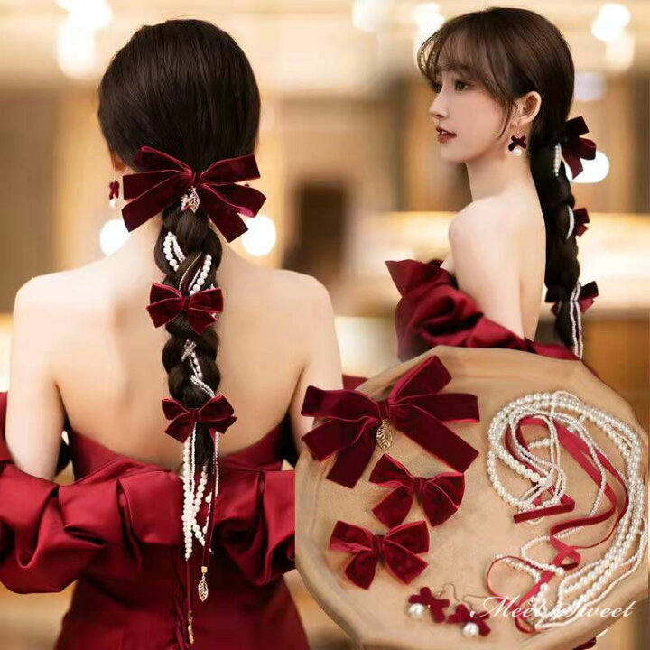楽天市場】ヘッドドレス リボン ウエディング 赤 ヘアピン ベルベット  