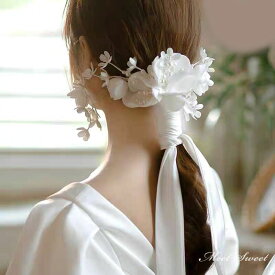 ヘッドドレス リボン ウエディング フラワー ホワイト 髪飾り 花嫁 ウェディング 結婚式 披露宴 ブライダル パーティー 二次会 韓国風 前撮り ヘアアクセサリー
