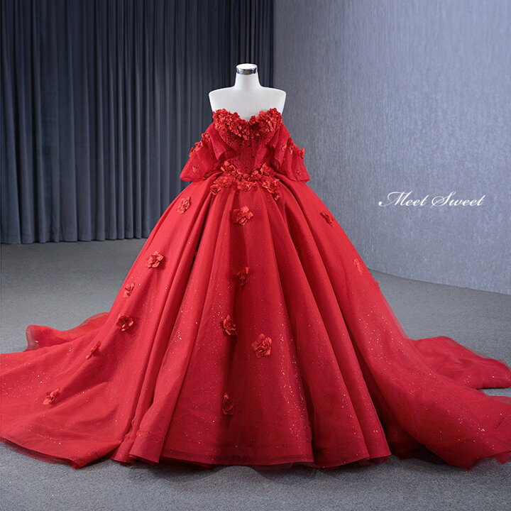 楽天市場】カラードレス 2way レッド プリンセスライン オフショルダー  