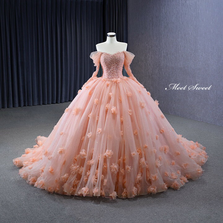 楽天市場】カラードレス プリンセスライン ピンク オフショルダー 長袖  