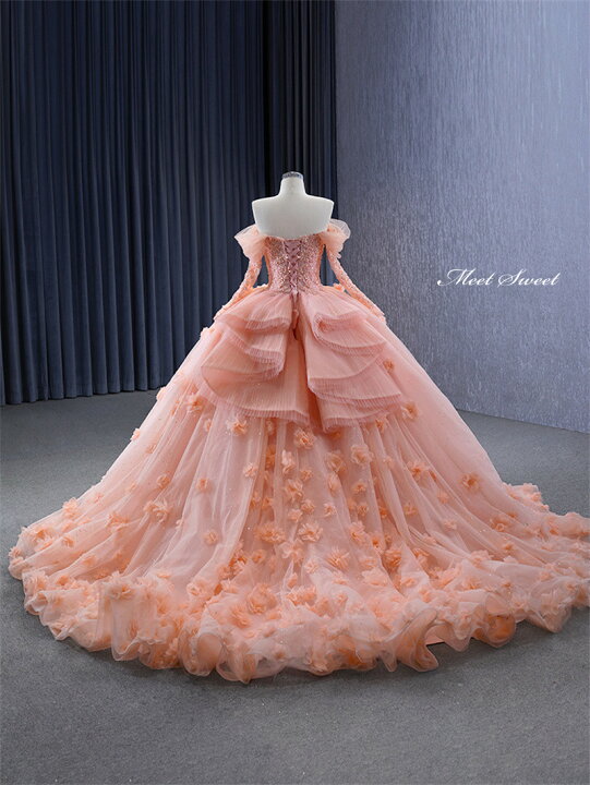 楽天市場】カラードレス プリンセスライン ピンク オフショルダー 長袖  