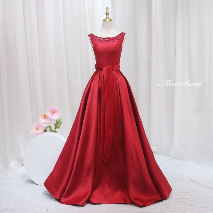 楽天市場】カラードレス プリンセスライン レッド ノースリーブ サテン  