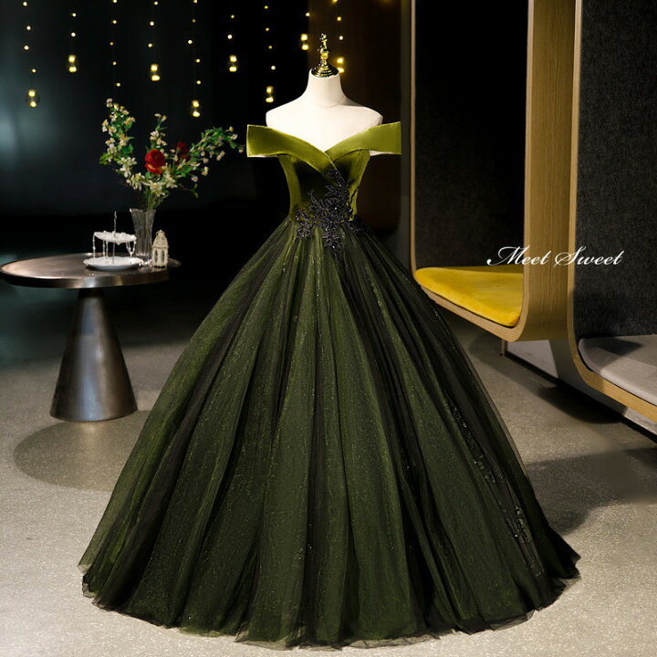 楽天市場】カラードレス プリンセスライン ダークグリーン オフ  