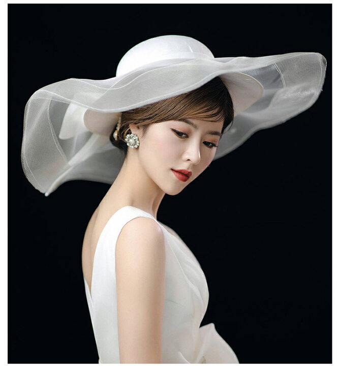 トーク帽 つば広 トークハット パーティー ウェディングヘッドドレス ウエディングハット カクテル帽 結婚式 二次会 披露宴 花嫁 帽子 前撮り ブライダル 白 ウェディングハット パーティーハット ブライダル小物 フォトウェディング 発表会 舞台 ミート