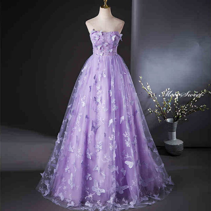 楽天市場】カラードレス 演奏会用ドレス パープル 蝶 紫 ベアトップ  