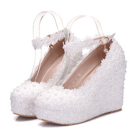 厚底パンプス ウェッジソール ウェディングシューズ 花嫁 結婚式 二次会 ブライダル ストラップ フラワー 立体花 ホワイト ピンク 海外挙式 ラウンドトゥ 11cm ウエディングシューズ ブライダルシューズ 花嫁シューズ ハイヒール レディース靴