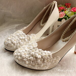 0.5/3/5/8cmヒール ウェディングシューズ ウエディングシューズ パンプス ハイヒール フラットシューズ 結婚式 花嫁 ブライダル 二次会 パーティー 花 パール