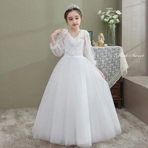 ピアノ発表会 子どもドレス 子供ドレス 長袖 花嫁 ロングドレス フォーマルドレス ピアノ演奏会 キッズワンピース コンクール ブライダルドレス 結婚式 ホワイト