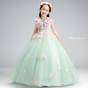 キッズ ドレス カラードレス グリーン 花 子供ドレス プリンセス 女の子 ピアノ 発表会 フォーマル 子どもドレス ガールズ イベント 舞台 演出 ステージ衣装