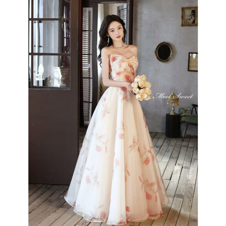 楽天市場】カラードレス 花柄 ビスチェ ロングドレス Aラインドレス 