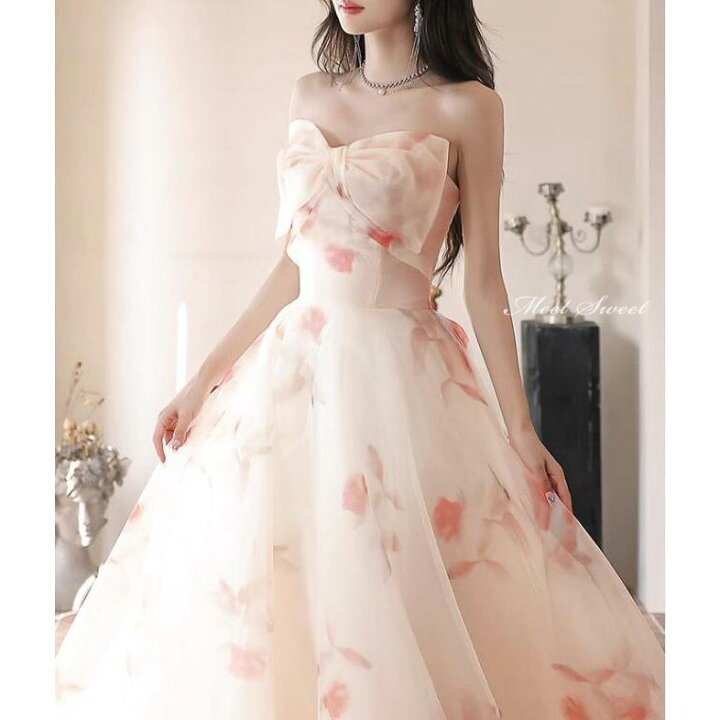 楽天市場】カラードレス 花柄 ビスチェ ロングドレス Aラインドレス  