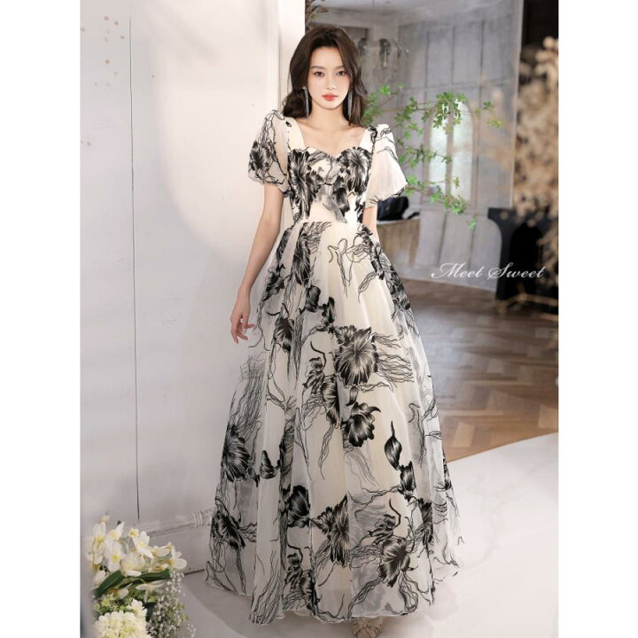 楽天市場】カラードレス ロングドレス 花柄 パフスリーブ フラワー 黒  