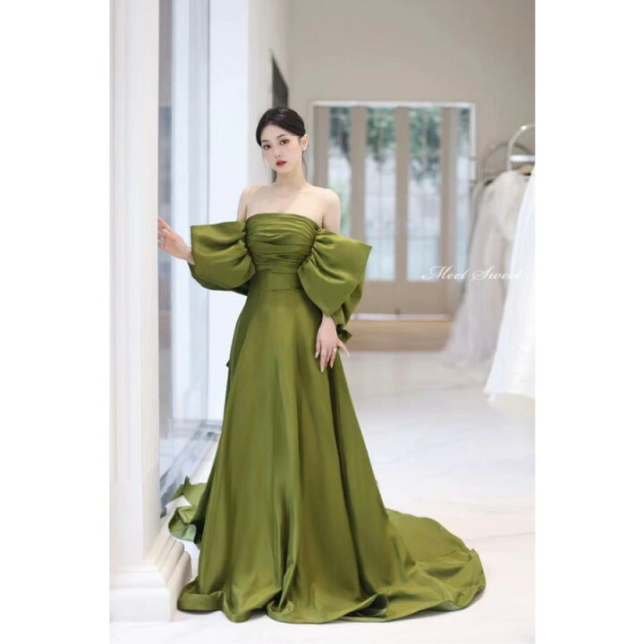 楽天市場】カラードレス ロングドレス グリーン オフショルダー A  